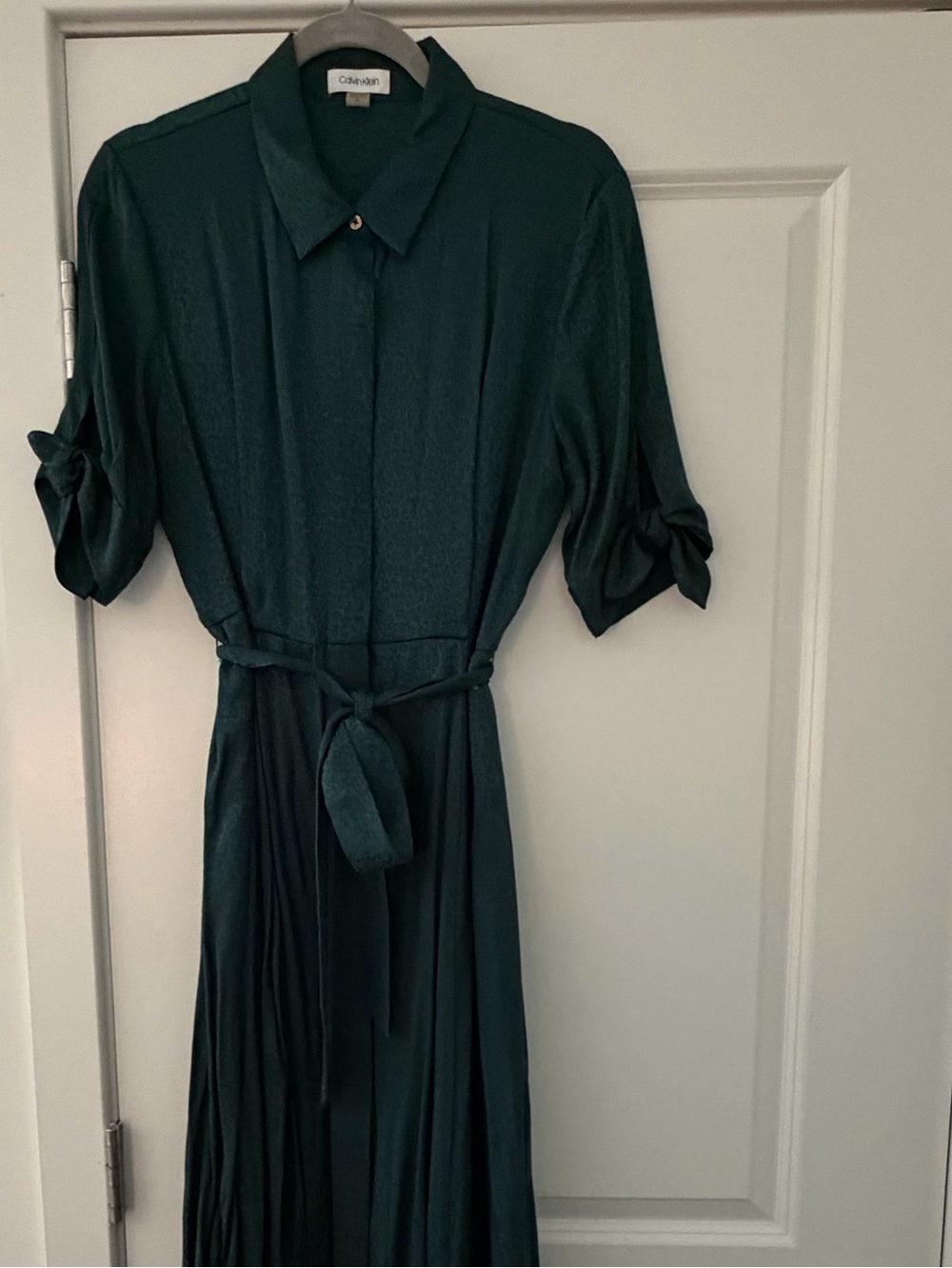 Calvin Klein Dark Green Print Maxi Button Up Dress with Tie Waist